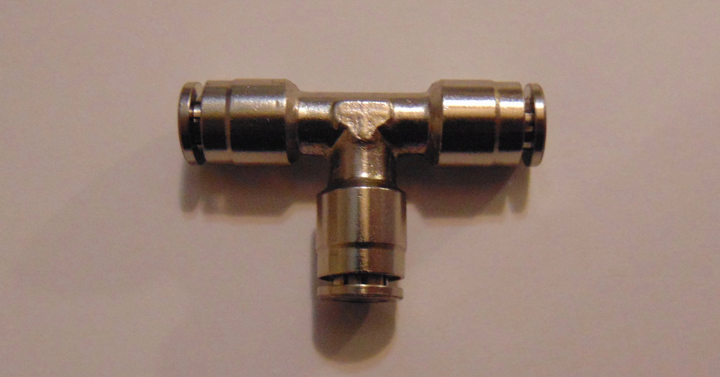 1/4" OD Tube "TEE" Union, Nickel Plated Brass Push To Connect One Touch Fitting