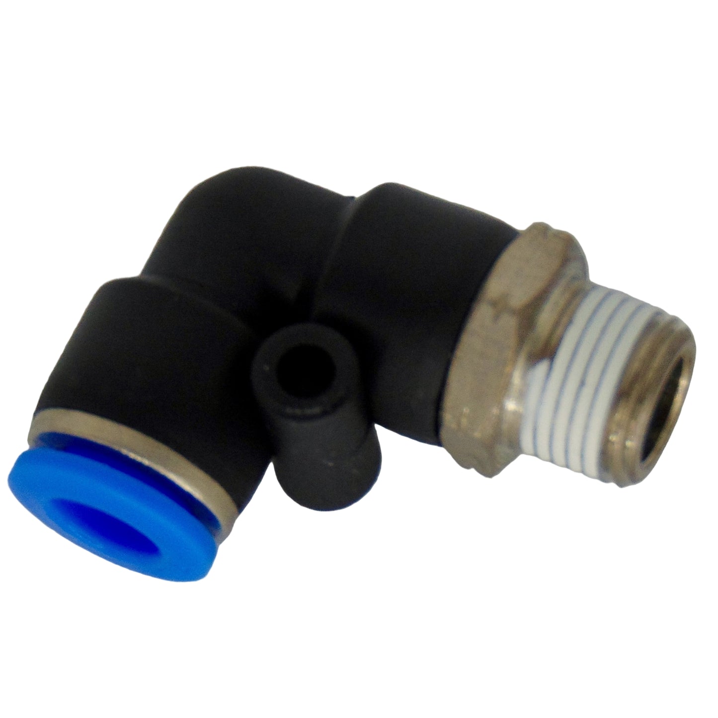 Plumbing fitting with black, blue, and brass components on a white background